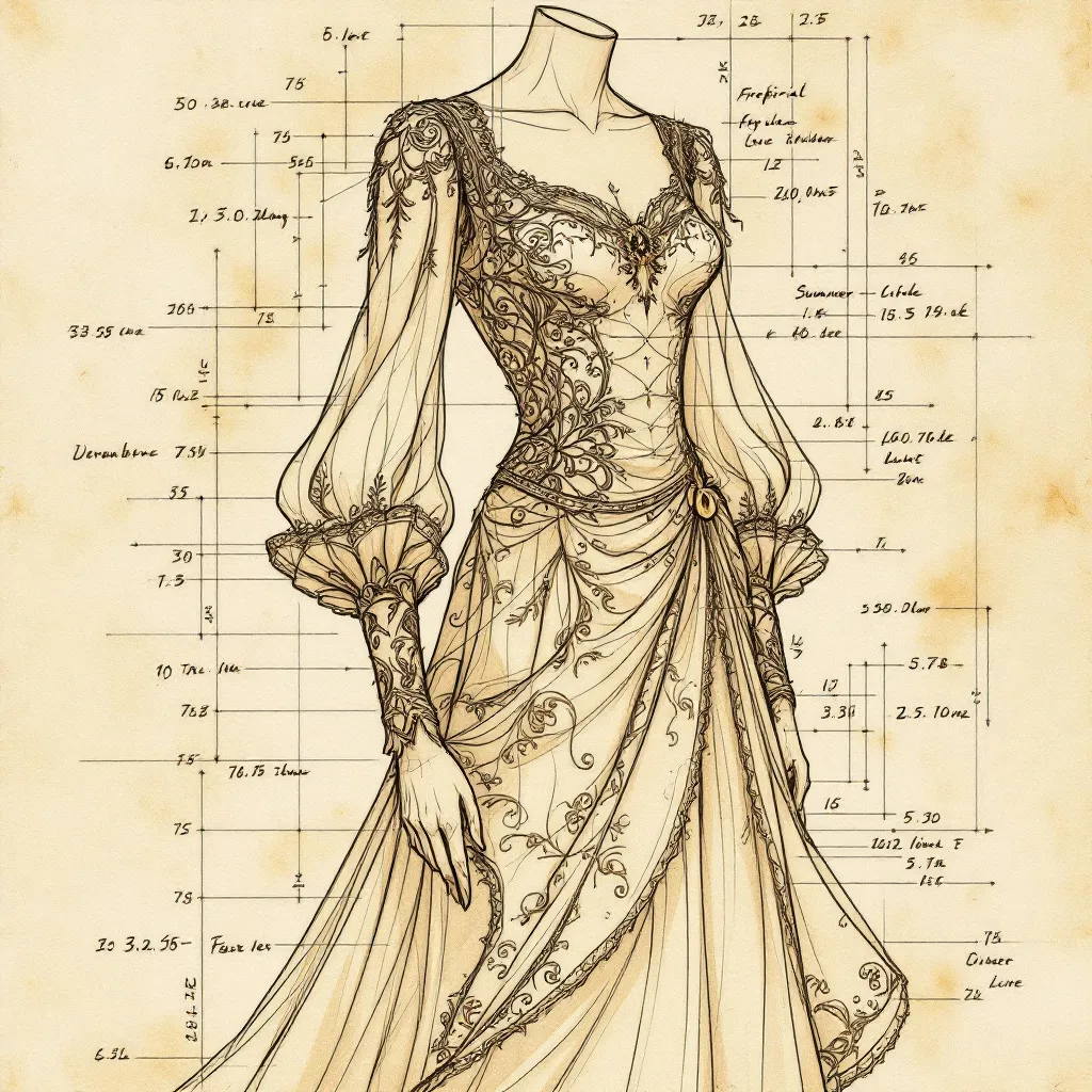 Prompt: technical drawing of a summer dress design, sleeves, tropical modest style, medieval fantasy, intricately detailed pencil sketch with numbers and measures, elegant flowing shapes, rustic parchment background, soft texture contrasts, warm highlights,, artistic presentation, dynamic angles, fashion illustration elements, high-quality craftsmanship, refined, inspiring, showcasing creativity and design excellence, beautiful composition.