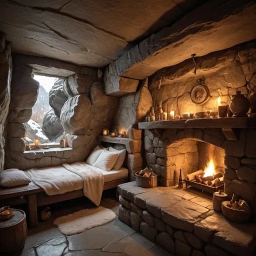 Prompt: cabin in a cave, warm stone, crackling fireplace, highres, detailed, cozy atmosphere, warm lighting, rustic charm, rock walls, rock features, small windows, rustic bed,  furs, stove and sink, bathroom