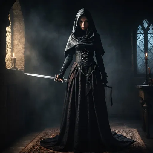Prompt: photo realistic Medieval fantasy full body illustration of a skilled maid assassin, detailed flowing robes, victorian maid outfit, mysterious and stealthy demeanor, ready to strike, intricate magical illuminated dagger, high fantasy setting, head cloth, mannerhouse, standing over victim, silhouette in the background, detailed satin fabric with rich textures, piercing and determined gaze, best quality, high fantasy, detailed robes, assassin, medieval, skilled, stealthy, mysterious, determined gaze, professional, dark room, shadows, night time,