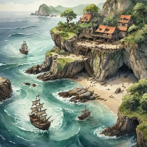 Prompt: (watercolor illustration) aerial view of a pirate beach, stranded ships among rocky shores, (medieval fantasy), epic battle scene with fierce monsters, hidden pirate hideouts in lush greenery, dynamic and vibrant colors, dramatic lighting and shadows, waves crashing against the shore, intense atmosphere reminiscent of a D&D adventure, inspired by Justin Gerard's enchanting style, (ultra-detailed, high quality).