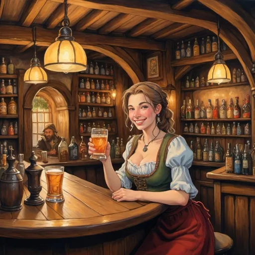 Prompt: fantasy tavern scene, acrylic painting, barmaid serving drinks, DND style, Anton Pieck inspired, cozy atmosphere, joyful ambiance, fantasy art, detailed character, warm lighting, vibrant colors, high quality, acrylic painting, fantasy, DND, cozy atmosphere, joyful, detailed character, warm lighting, vibrant colors