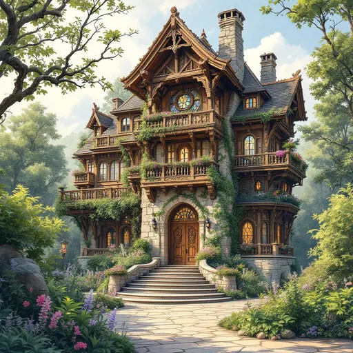 Prompt: Visualize a stunning architectural sketch, with lines and numbers, of a large, towering home harmoniously integrated into its lush, natural surroundings, embodying a medieval fantasy style. The exterior is predominantly crafted from rich, textured wood, with intricate carvings adorning the beams and columns. Gentle vines and flowering plants weave their way along the walls, enhancing the organic feel of the structure. Stairs, elegantly curved and made of aged stone, ascend to a grand, arched front door. Above, a spacious balcony curves outward, adorned with ornate railings and vibrant planters, inviting a sense of tranquility. Round stained glass windows, glinting with the colors of the rainbow, catch the golden light of the sun, casting colorful patterns on the inviting stone pathway. The atmosphere is ethereal and warm, reminiscent of a serene fairy-tale setting, ideal for a dreamy watercolor illustration.