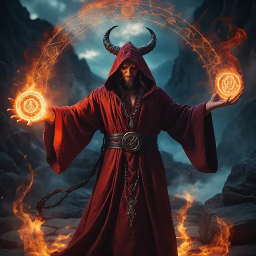 Prompt: (demon summoning), mystical maximum power from the ancient magical (circle with runes), intense (flames) dancing wildly, a powerful Wizard in an intricate robe, dramatic pose, foreground focus, swirling dark magic, shadowy ambiance, ethereal glow illuminating the scene, lush fantasy landscape in the background, cinematic depth, ultra-detailed, high-quality, perfect for fantasy art lovers.