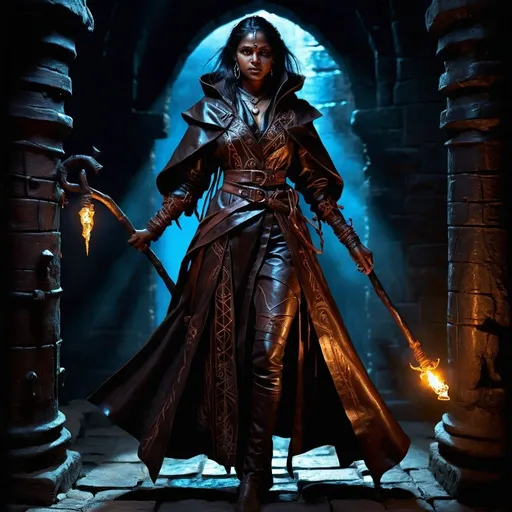 Prompt: photo realistic full body, female adivasi DnD character exploring a dungeon, glowing magical mage staff, oil painting, sharp lines, detailed face, perfect face, intricate glossy leather coat, victorian style  mage outfit, leather mages robes, detailed, high quality, dark tones, danger lurking in the shadows, elaborate explorer gear, ancient glowing runes, mysterious atmosphere, old world charm, 