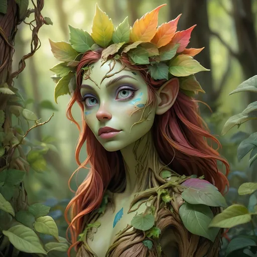 Prompt: digital art painting of a plant-based creature, lush woodland setting, wood skin, ranks, vines, vibrant colors, detailed foliage, high quality, watercolor, humanoid, fantasy, vibrant colors, plant creature, detailed leaves, woodland, pretty face, professional, atmospheric lighting
