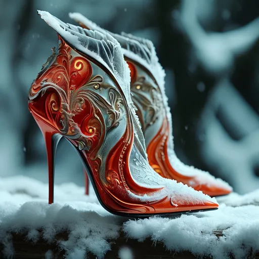 Prompt: (intricate snow crystal calf-high high heel boots), elegant design, new shapes,  lacquer style, reflecting light, strong flowing shapes, detailed craftsmanship, elegence, ultra-detailed, 4K resolution, exquisite visual composition,