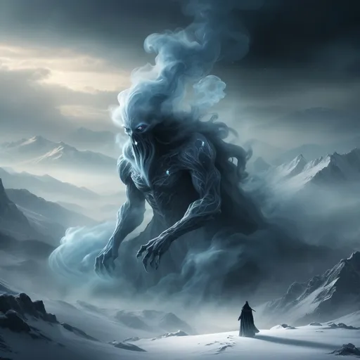 Prompt: (billowing smoke creature), dark shadows, (medieval fantasy), mysterious atmosphere, balance of peace and danger, ethereal wisps enveloping the form, backdrop of a mystical landscape, soft glowing light filtering through the haze, (highly detailed), enigmatic presence, sense of tension and serenity, cinematic depth, snowy mountains, icy blue, hard and cold, freezing admosphere