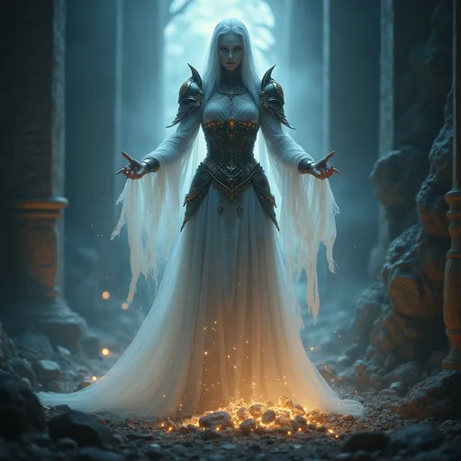 Prompt: realistic, (female ghost guardian), (hovering ancient spirit), transparent, ghostly appearance, illuminated, ancient medieval fantasy armor, eerie glow, tranquil atmosphere, surrounded by ancient treasure, tranquil mood, high detail, ultra-detailed, 4K resolution, captivating aura.