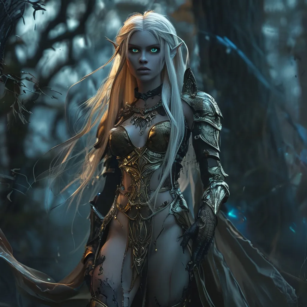 Prompt: Full depiction of a (unaturally beautiful elf woman) Valkyrie character, wearing a (long flowing gown with intricate lace details) and (high heel armored boots), in a dark hunted forest, intense blue deadly eyes, dark shadows enhance her elegance, hopefull ambiance, highly detailed features, (HD) quality, magical atmosphere, flow of  magical illumination surrounding her 