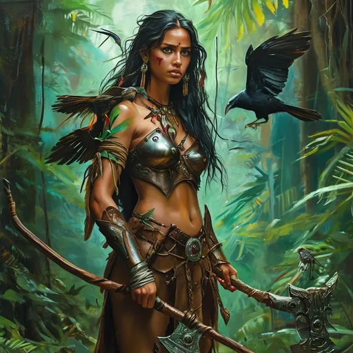 Prompt: realistic oil painting, Female Adivasi nature warrior with bird elements, (medieval fantasy), clad in leather platemail armor, casting nature spells, surrounded by a lush jungle setting, ancient jungle ruins, vibrant green tones, (mystical ambiance), detailed character features, captivating expressions, intricate armor designs, weapon details, (highly detailed), (4K), capturing the essence of a DnD character immersed in a magical experience.