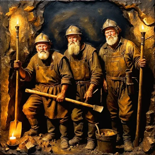 Prompt: Encaustic painting of medieval fantasy style miners, earthy tones, darkness, candle light glow, picks, shovels, mine cart, rugged miners, high qualtiy faces, atmospheric lighting, high quality, encaustic painting, gold,  earthy tones, detailed, medieval fantasy, mining, darkness, atmospheric lighting