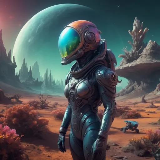 Prompt: Space explorer on a strange planet, alien landscape, high-res digital painting, sci-fi, surreal colors, steam punk, body tight suit with futuristic design, alien flora and fauna, beautiful face, atmospheric lighting, detailed helmet, otherworldly atmosphere, exploratory mission, mysterious environment, high-tech equipment, vibrant and surreal tones, professional digital art