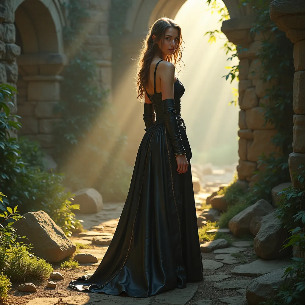 Prompt: (realistic image of a stunning mistress), full female body, with a (dominant stance), long leather medieval dress, looking over shoulder, set amidst ancient ruins, (magical spells) swirling in the air, ethereal glow, rich textures, warm sunlight illuminating the scene, lush foliage intertwining with broken stone, creating an enchanting and mysterious atmosphere, (ultra-detailed, 4K quality).