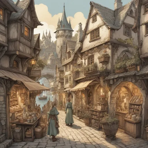 Prompt: highly detailed, Ink painting of a vintage fantasy DND character, female elf mage browsing in Anton Pieck style, line art, quaint harbor village, detailed elven features, detailed faces, flowing detailed intricate mage robes, floating magic book, crowded marketplace, charming cobblestone streets, antique color palette, delicate line work, atmospheric lighting, high quality, detailed, fantasy, vintage, DND, female elf, quaint village, bustling marketplace, ink painting, Anton Pieck style, line art, charming streets, vintage colors, detailed features, sunny atmosphere