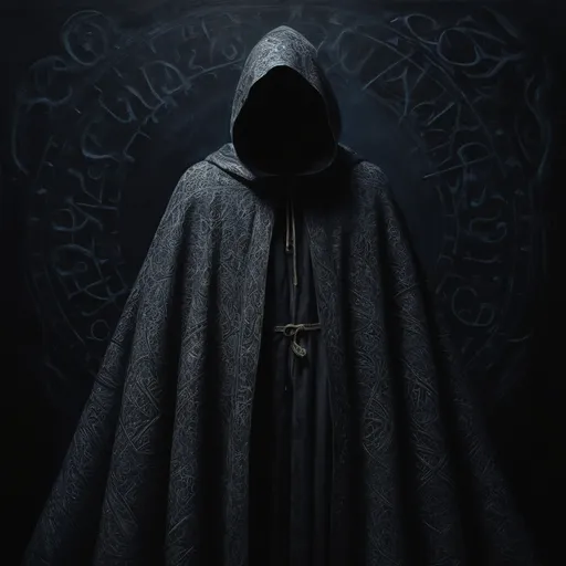 Prompt: (oil painting of a cloak), (invisibility cloak) blending into shadows, intricate pattern of magical runes, transparent,  soft brush strokes conveying a mystical ambiance, darkness at night,  