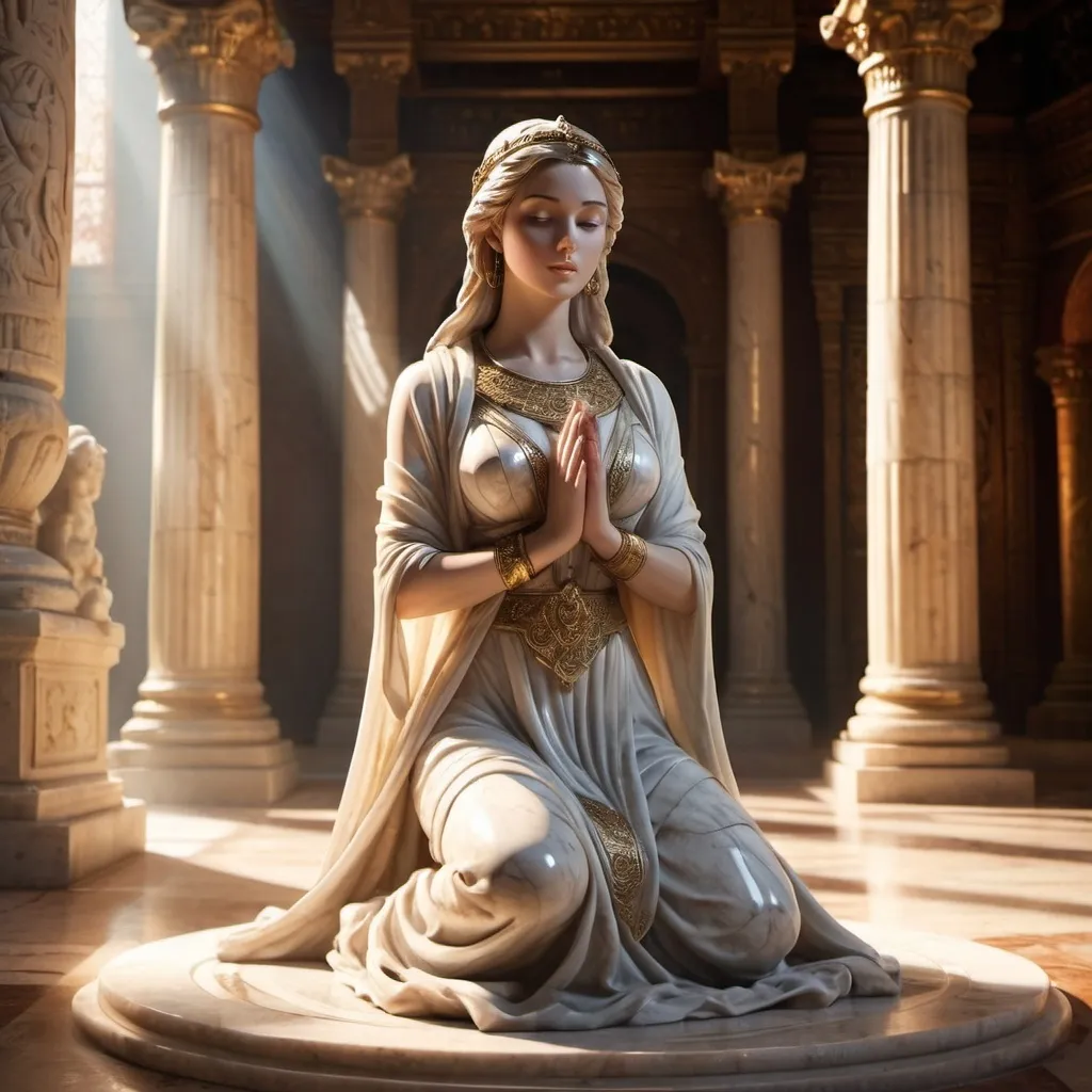 Prompt: realistic (marble full-body statue of a gorgeous woman kneeling), adorned beautifully, set in the middle of a grand auditorium within an ancient temple, atmospheric ambiance with sophisticated lighting, ethereal sun rays illuminating the scene, detailed ancient architecture surrounding, warm tones creating a mystical feel, hint of medieval fantasy, ultra-detailed, high-definition.