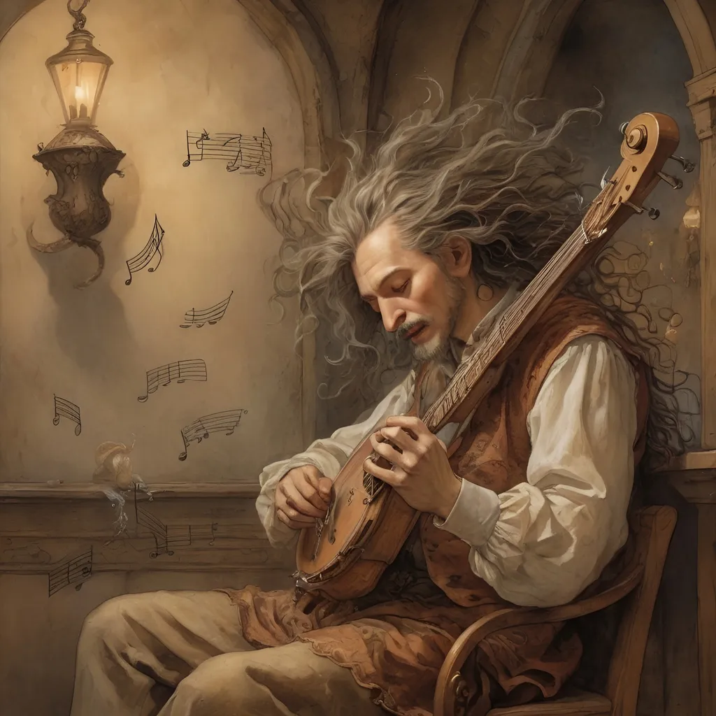 Prompt: DnD demon bard playing instrument, magical musical notes streaming in the air, Anton Pieck style painting, vintage warm tones, intricate details, whimsical fantasy, medieval, high quality, oil painting, good hair, charming, enchanting, intricate details, cozy lighting