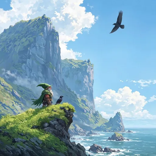 Prompt: digital art, dnd Character adventurer gnome druid with a leaf hat, young magpie on the grass cliffs, calm coastal atmosphere, serene sea view, vivid green grass, tranquil weather, majestic cliffs, a raven soaring above in the clear blue sky, enchanting forest elements, magical ambiance, ultra-detailed, photorealistic, whimsical and serene mood, nature's harmony.