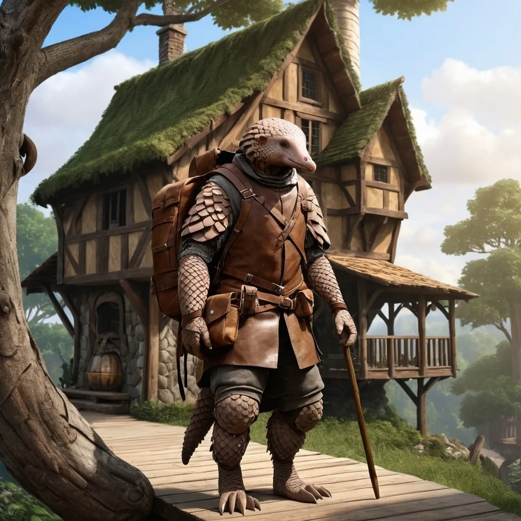 Prompt: realistic digital art, full body medieval fantasy traveler pangolin, DnD style character, in front of a tree house, high detail, full body, leather backpack, front view, wooden spear in hand