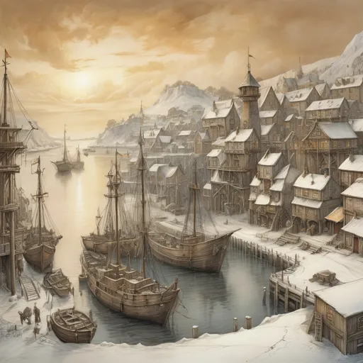 Prompt: coastline view, (medieval fantasy harbor in winter), (pencil drawing), detailed slender ships docked at a snowy and ice-covered shipyard, intricate Anton Pieck elements, golden clouds casting a warm glow over the scene, soft shadows, picturesque winter ambiance, high depth, ultra-detailed, enchanting scenery, evoking nostalgia and magic.