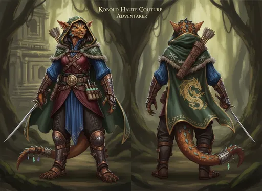 Prompt: Envision a digital sketch capturing a medieval fantasy adventurer, adorned in intricately layered clothing that reflects a rich tapestry of history.  haut couture fashion ideas blending seamlessly with the practicality of adventure gear. Front and back view. showing the many attributes and stylishness for the contemporary female kobold adventurer. The design features a practical but stylish  outfit. styled to impress. To enhance the atmosphere, the style leans towards vibrant, painterly textures, reminiscent of classic fantasy illustrations.