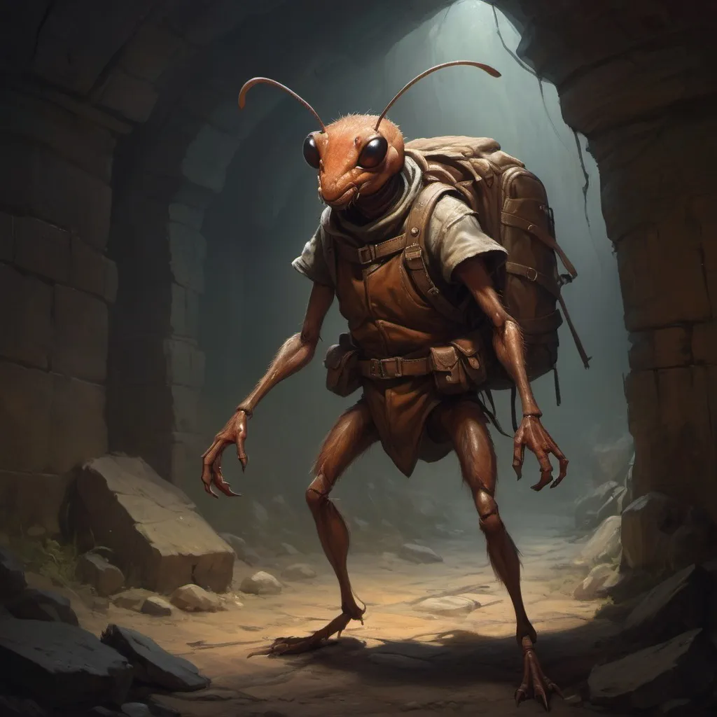 Prompt: (humanoid ant), DnD character, mandables,  medieval adventurer, dungeon crawling, exploring dimly lit dungeon,  richly detailed oil painting, sturdy leather backpack, atmospheric shadows, mysterious ambiance, high-quality craftsmanship, dynamic composition, encapsulating the spirit of adventure and discovery.