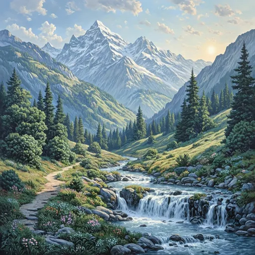 Prompt: A breathtaking realistic oilpainting landscape unfolds, showcasing a harmonious blend of mountains and verdant hills, their slopes adorned with vibrant foliage. A crystal-clear stream meanders through the scene, glistening in the soft, golden light of dawn, as a gentle waterfall cascades down moss-covered rocks. A path gently crossing the stream on stepping stones. The sun, a radiant orb of warmth, peeks above the snow-clad peaks, casting sharp shadows. Delicate wildflowers bloom along the banks, their colors soft against the cool greens and blues of the landscape, while the whisper of a gentle breeze carries the sound of rustling leaves and the distant murmur of cascading water. This enchanted scene captures the essence of beauty of nature.