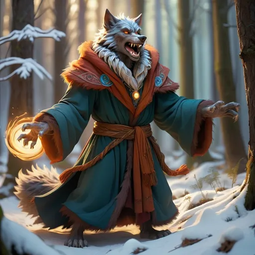 Prompt: Full body werewolf mage in a forest in winter, Magical swirling flashes, low sun, detailed mage robes, warm and homely atmosphere, high quality, detailed fur, fantasy, magical, mystical, snowy landscape, peaceful setting, vibrant fur colors, serene and enchanting lighting