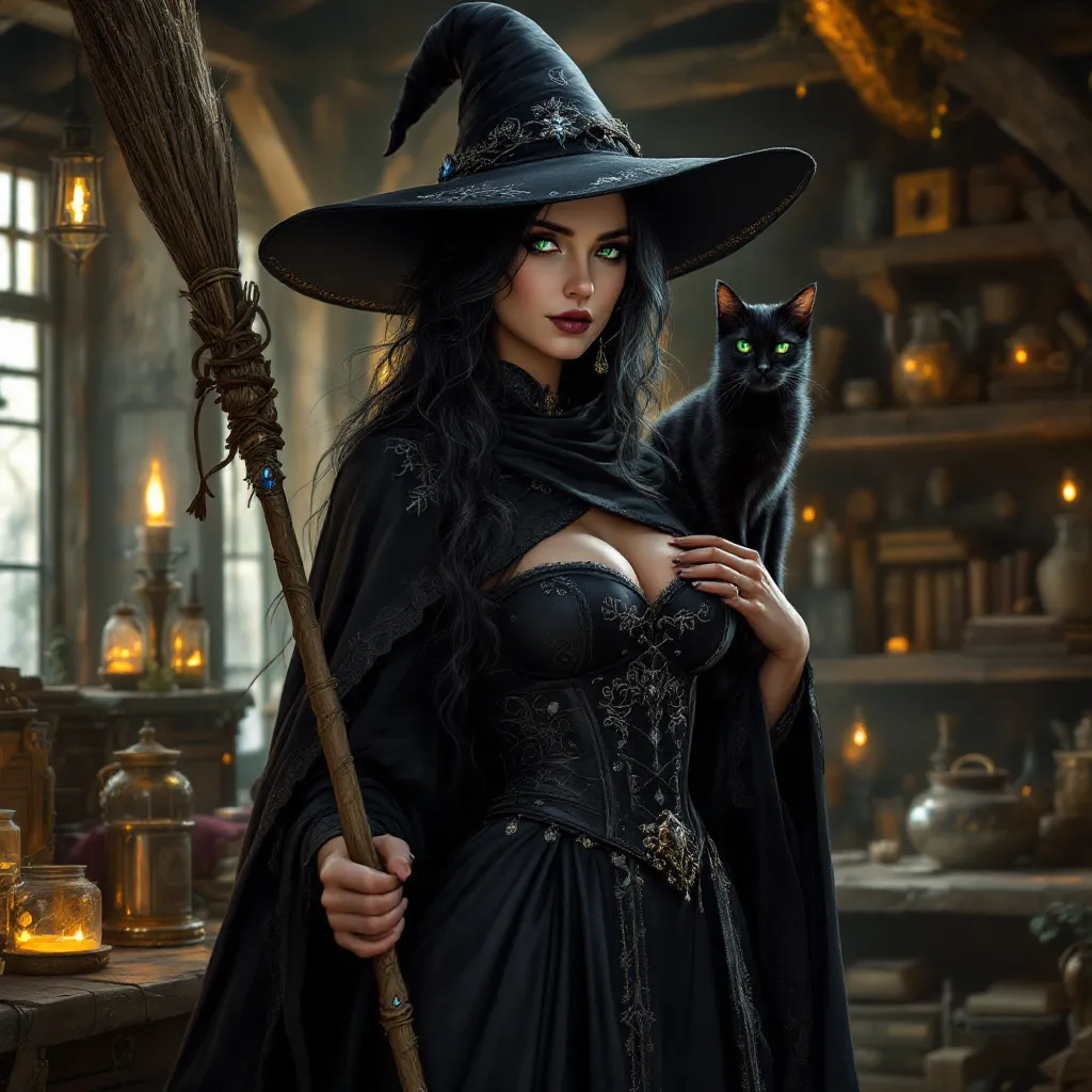 Prompt: digital art of a gorgeous dark haired witch, adorned in smooth black robes and sleek leather, her pointy hat`s wide brim casting an enchanting silhouette, a sleek cat perched gracefully on her shoulder, broom in hand, surrounded by the rustic charm of a cozy witches cabin, with a couldren and potions in the background, warm light filtering through wooden beams, inviting atmosphere, highly detailed, immersive, mystical ambiance, ultra-detailed, high quality.