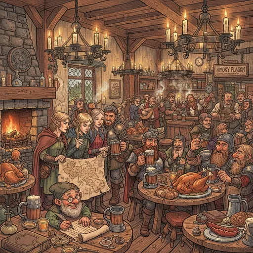 Prompt: Visualize a cozy tavern bustling with life, painted in the whimsical style of Anton Pieck, evocative of the enchanting worlds of Efteling. The warm glow of flickering candlelight dances off the wooden beams and intricately carved sconces, casting playful shadows across the room filled with an exuberant mix of fantasy adventurers—elves with pointed ears debating strategies, dwarves animatedly recounting tales of their exploits, and a gnome scribbling on a weathered map. Tables are adorned with tankards spilling frothy ale and plates piled high with rich delicacies, the air thick with the aromas of roasted meats and spiced aromas. Outside, faint echoes of rain patter against the window, creating a cozy sanctuary. The scene is alive with laughter, clinking goblets, and the anticipation of daring quests yet to unfold, all captured in a vibrant, storybook illustration that invites the viewer to join the adventure.