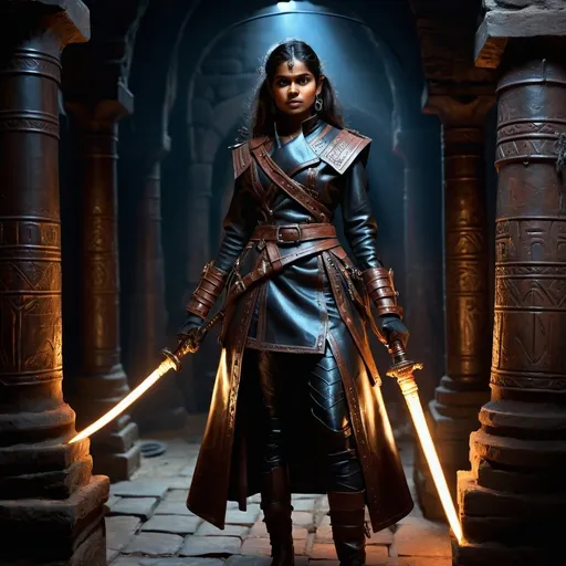 Prompt: photo realistic full body, female adivasi DnD character exploring a dungeon, elctricaly glowing sabre at the ready, oil painting, sharp lines, detailed face, perfect face, glossy leather coat, victorian style outfit, detailed, high quality, dark tones, danger lurking in the shadows, elaborate explorer gear, ancient carvings, mysterious atmosphere, old world charm, 