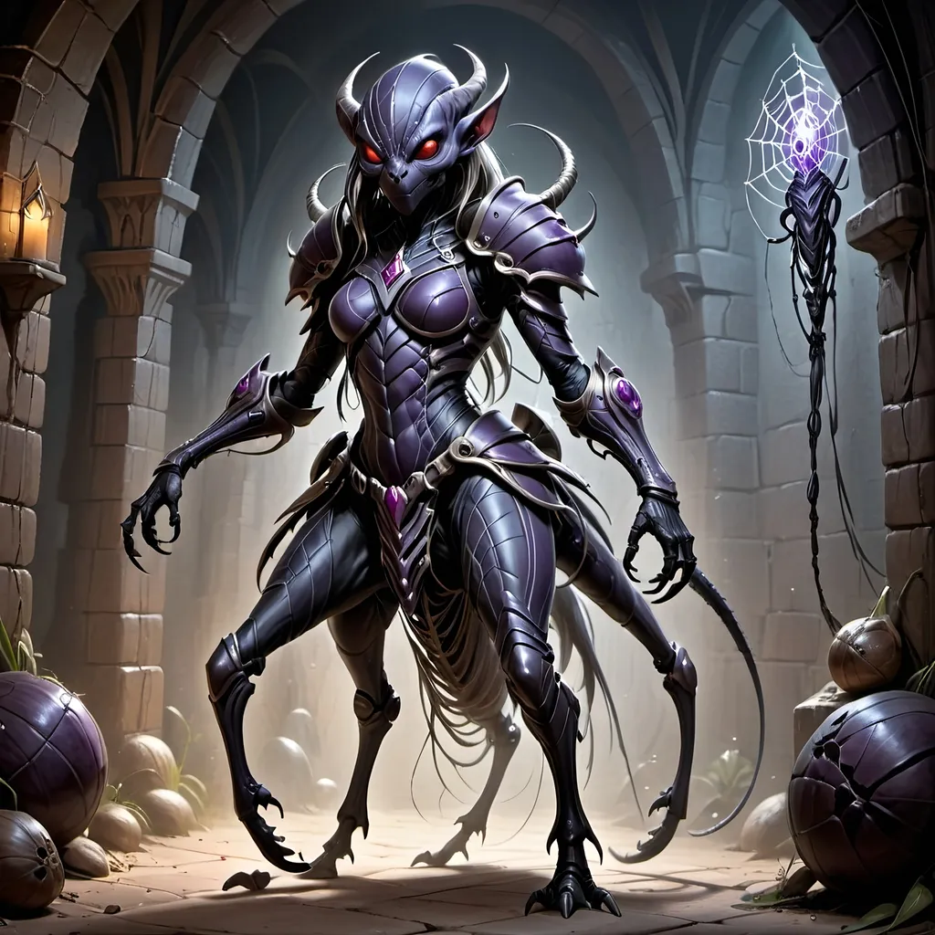 Prompt: full body, humanoid supported by arachnit legs attached to a cephalathorax, fantasy illustration, drider, high quality, dark fantasy,  streamlined body wearing detailed armor, detailed, arachnit eyes, professional, beautiful female face, atmospheric lighting, detailed anatomy, adventurers dungeon setting