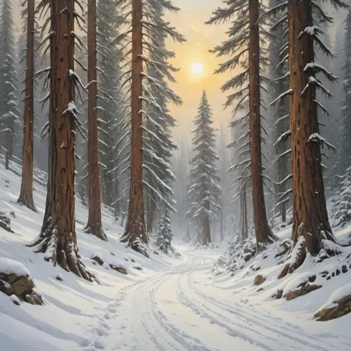 Prompt: winding snowfilled track in a dense forest of gigantic Sequoia trees, oil painting painting, animal tracks, deep snow, low sun shining, drifting clouds, high quality,  snowy, sunlit, serene, peaceful, scenic, soft colors, artistic, drifting clouds, winter scene, snow, ice, anton pieck style tavern