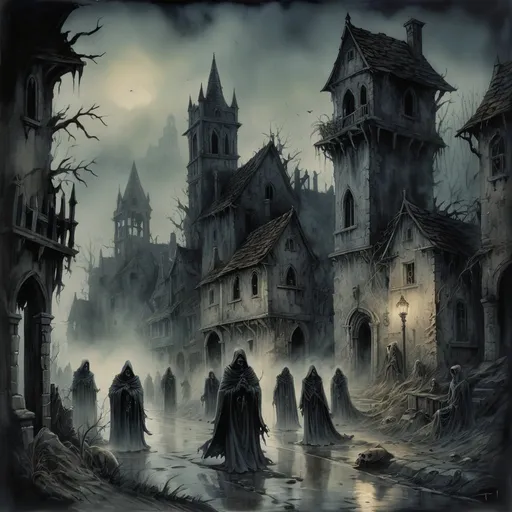 Prompt: Anton Pieck-style top down ink painting of a dark medieval fantasy town, dark lighting, foggy atmosphere, overgrown ruins, haunting ghosts, shrouded forms, , undead, death, gloomy,  eerie and dark, detailed brushwork, haunting figures emerging from the mist, haunted village, old world charm, oil painting, dark tones, medieval, haunting atmosphere, eerie figures, detailed ruins, foggy setting, ghostly presence, atmospheric lighting, ravens