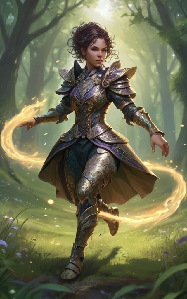 Prompt: female dragon mage character in ornate victorian armor DnD style, illuminating magic spell, ilummination magc swirls, running in a meadow in a forest, scales, martial arts, little stream, fierce, fantasy art, magic the gathering artwork, concept art, clawed feet