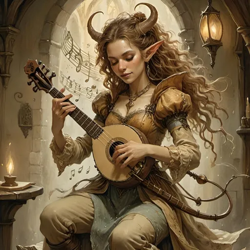 Prompt: DnD female demon bard playing instrument, magical musical notes streaming in the air, Anton Pieck style painting, vintage warm tones, intricate details, whimsical fantasy, medieval, high quality, oil painting, good hair, charming, enchanting, intricate details, cozy lighting