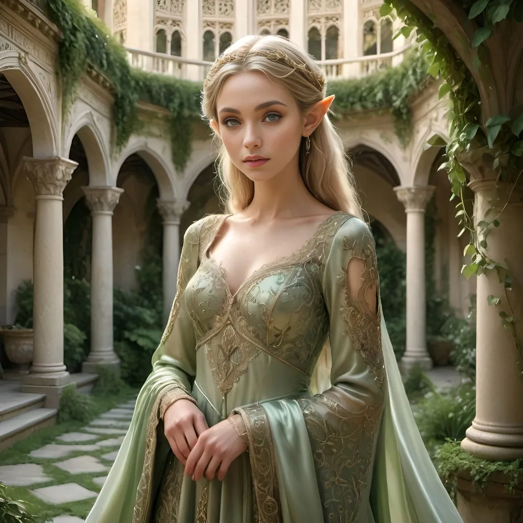 Prompt: Highly detailed digital art of a elf princess in flowing satin silk royal dress, palace garden, Anton Pieck style, medieval fantasy, intricate patterns, ornate cloth, royal attire, detailed realistic clothing folds, lush greenery, soft pastel tones, romantic lighting, detailed realistic face, professional, ultra-detailed, fantasy, medieval, satin gown, palace garden, Anton Pieck style, ornate architecture, lush greenery, romantic lighting, royal attire, intricate patterns, soft pastel tones, flowing fabric, professional lighting