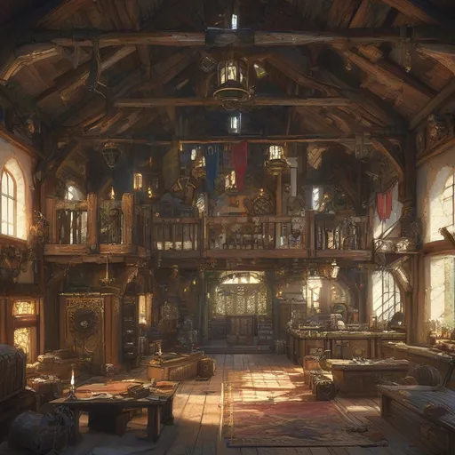 Prompt: Medieval fantasy adventurers guild, Anton Pieck style, (rustic wooden interior), large open rustic bank like rooms, (high security deposit counters with gates and tellers), DND characters, monster parts laying around, ambient warm lighting, maps and hunting trofees on the wall, detailed shadows, banners hanging from the ceiling, intricate woodwork, scattered adventurers' gear, cozy yet bustling vibe, various weapons displayed, (ultra-detailed), (4K).