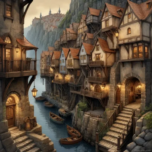 Prompt: Realistic medieval fantasy harbor town, Anton Pieck style, in a deep gorge, stairs cranes and lifts, town scape, multi story stacked houses, looking down, wood textures, warm lighting, detailed architectural features, intricate cobblestone streets, realistic textures, cozy atmosphere, scenic waterfront,  charming atmosphere, oil painting, high quality, detailed, warm tones, cozy lighting