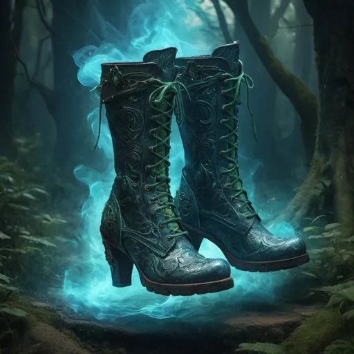 Prompt: (magical boots of stealth), enchanted shoes, medieval fantasy theme, swirling magical smoke enveloping the boots, ethereal glow, intricate details on the boots, rich textures, high fantasy ambiance, enchanting atmosphere, mystical energy, cool tones of blue and green hues, ultra-detailed, cinematic lighting, lush background featuring a mystical forest or ancient ruins.