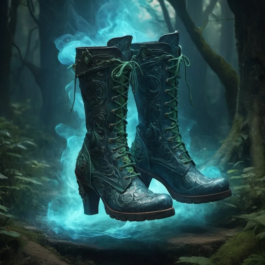 Prompt: (magical boots of stealth), enchanted shoes, medieval fantasy theme, swirling magical smoke enveloping the boots, ethereal glow, intricate details on the boots, rich textures, high fantasy ambiance, enchanting atmosphere, mystical energy, cool tones of blue and green hues, ultra-detailed, cinematic lighting, lush background featuring a mystical forest or ancient ruins.