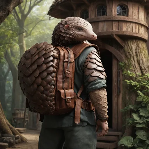 Prompt: realistic digital art, full body medieval fantasy laborer pangolin, DnD style character, in front of a tree house, high detail, full body, leather backpack