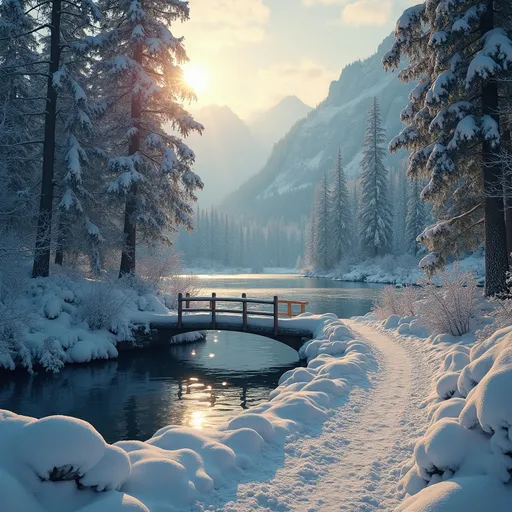 Prompt: Macro Winter scene, (serene forest path), small mountain lake, (snow-covered banks), log bridge, mountainous landscape, sparkling icy waterfall, (snow-clad trees), golden sun rays filtering through branches, tranquil ambiance, cool tones with bright white snow, soft shadows, dreamy atmosphere, detailed textures, (4K), ultra-detailed, enchanting winter landscapes.