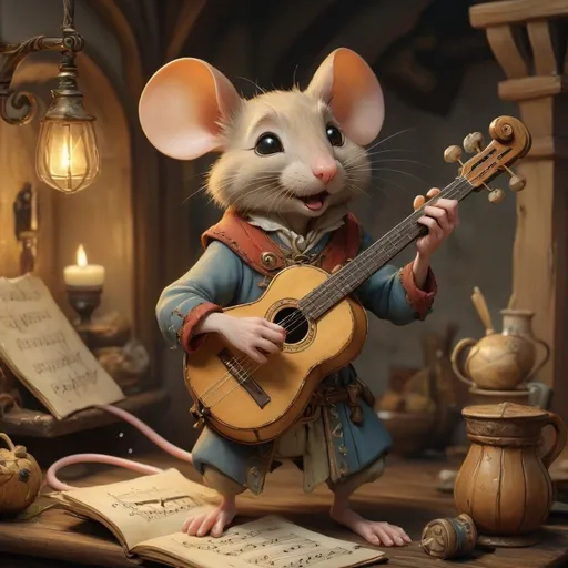 Prompt: DnD mouse bard playing instrument, musical notes floating in the air, Anton Pieck style painting, vintage warm tones, intricate details, whimsical fantasy, medieval, high quality, oil painting, charming, enchanting, intricate details, cozy lighting