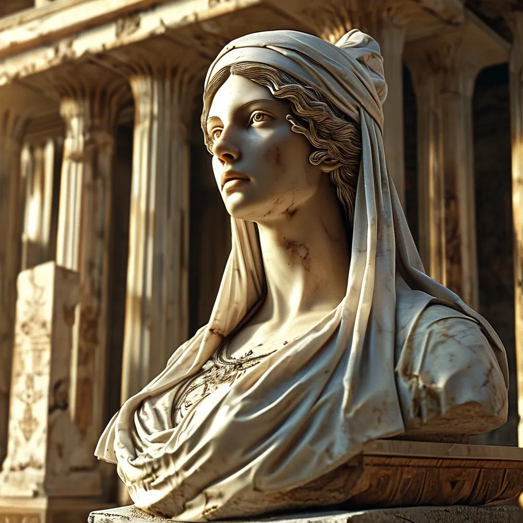 Prompt: (marble statue of a gorgeous woman in shrouds), adorned beautifully on a pedestal, set in the middle of a grand auditorium within an ancient temple, atmospheric ambiance with sophisticated lighting, ethereal sun rays illuminating the scene, detailed ancient architecture surrounding, warm tones creating a mystical feel, hint of medieval fantasy, ultra-detailed, high-definition.