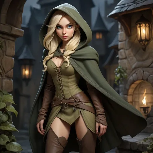 Prompt: Anton Pieck style, Hyperrealistic medieval fantasy oil painting of a beautiful blond female elf, assassin character, in dark fabric and cloak, hooded, depicting full body outfit, detailed fabric patern, high heel boots, ready to strike, at night, intense shadows, dramatic lighting, detailed facial features, high quality, DnD character, dramatic dark lighting,  dark fabric and cloak, blonde hair, intense shadows, professional quality