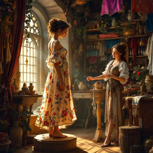 Prompt: digital art, antonon pieck style,  woman on pedestal trying on colourful summer dresses, seamstress taking measurments,  medieval fantasy clothing shop, intricate textile patterns, rich colors, warm ambient lighting, vintage sewing tools, detailed wooden shelves, enchanting atmosphere, cozy vibe, high quality, ultra-detailed, artistic representation of craftsmanship and creativity in fashion design.