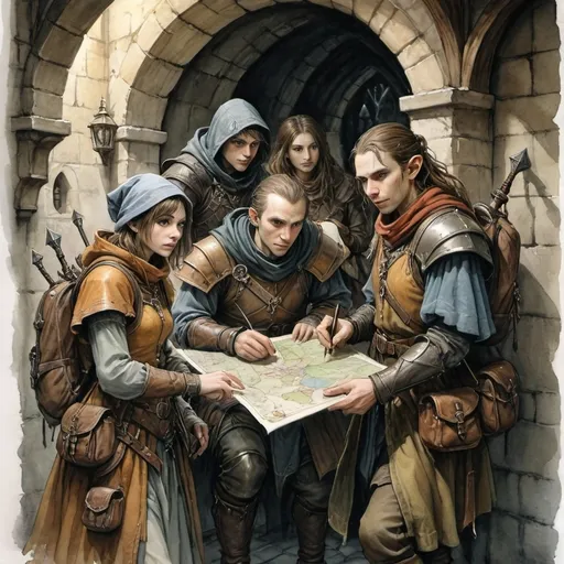 Prompt: detailed watercolor and pencil painting, (diverse fantasy races of DnD adventurers), medieval fantasy, looking at a map in the dungeon, dark shadows, tens situation, (anton pieck style) , (beautiful detailed faces), (medieval fantasy Setting),  (detailed character designs with backpacks and gear), (immersive composition).