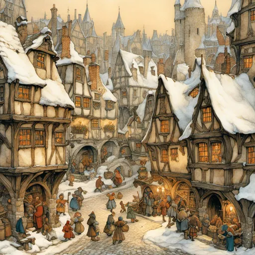 Prompt: <mymodel>Medieval fantasy city in winter, bustling crowd, snow-covered cobblestone streets, detailed medieval architecture, high fantasy, intricate snowflake patterns, warm and cozy lighting, highres, detailed crowd, fantasy, medieval, winter, bustling, snow-covered, intricate architecture, cozy lighting, detailed environment, epic atmosphere