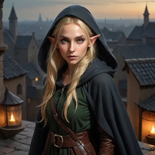 Prompt: Antaon pieck style, Hyperrealistic medieval fantasy oil painting of a beautiful blond female elf, assassin character, in dark fabric and cloak, hooded, full body, boots, squated on a rooftop, at night, intense shadows, dramatic lighting, detailed facial features, high quality, hyperrealism, DnD character, dramatic lighting, rooftop setting, dark fabric and cloak, blonde hair, intense shadows, professional quality, atmospheric lighting